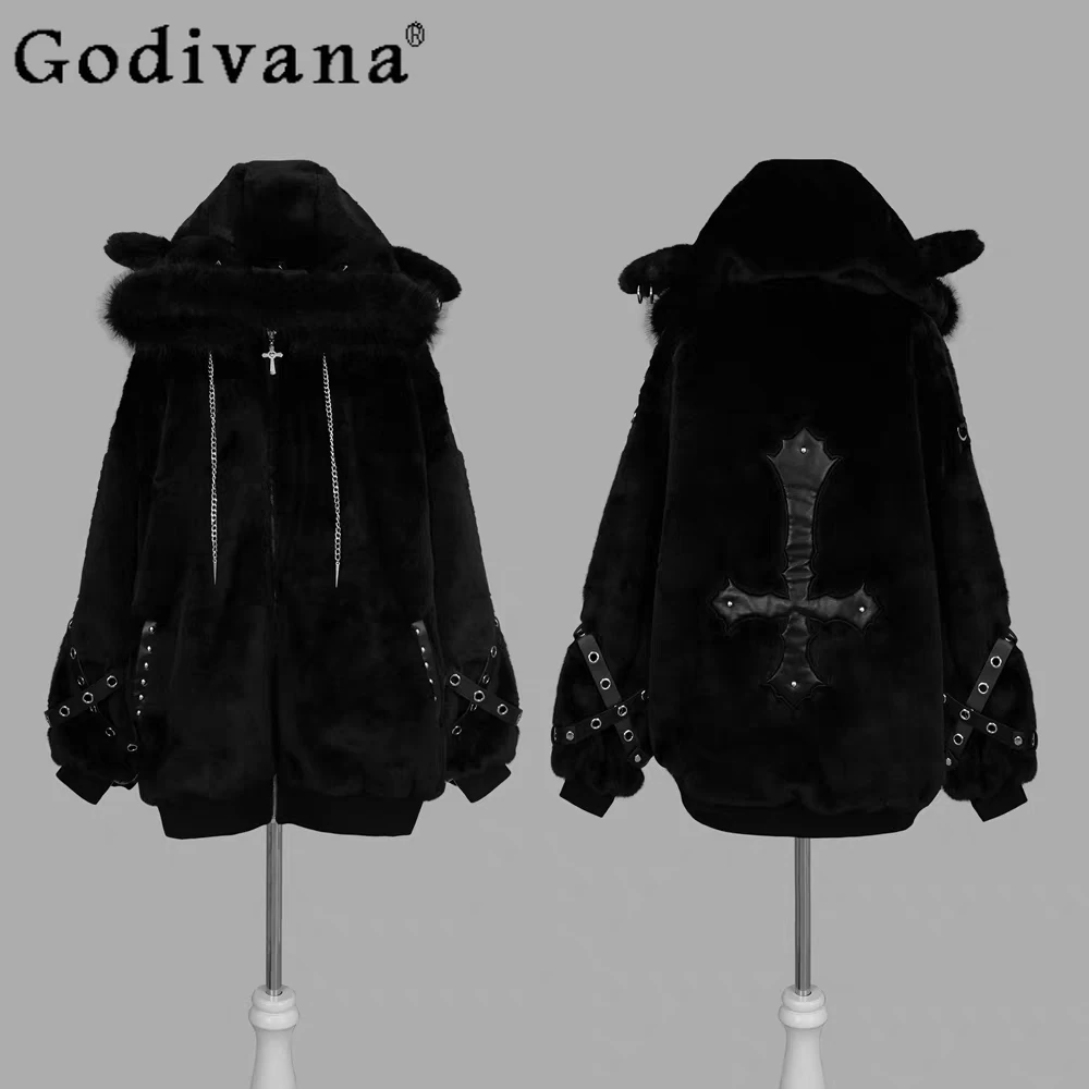 Subculture Harajuku Sweet Cool Faux Fur Coat Girls Women's Autumn and Winter Japanese Punk Y2k Ears Cute Plush Coat Jackets