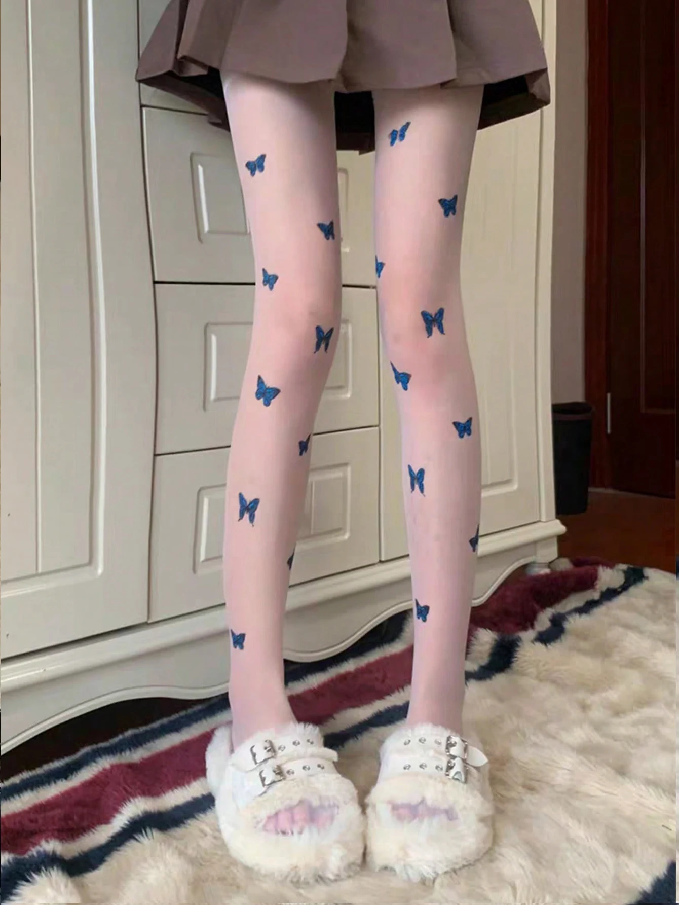 1 Stück neue blaue Schmetterlings-Seidenstrumpfhose für Damen, sexy schwarze Haut, ultradünne Strumpfhose, JK Lolita-Strumpfhose