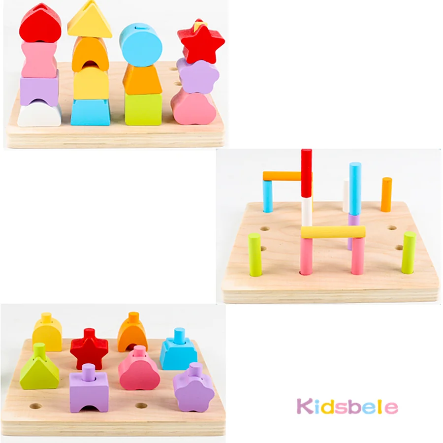 Jouet de correspondance des couleurs pour tout-petits, blocs d'empilage de perles de forme géométrique en bois avec cartes, jouet de motricité Fine Montessori, cadeau d'anniversaire