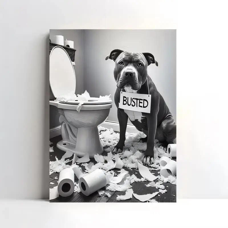 2D Flat Black & White Humorous Busted Pitbull Dog Toilet Paper Mess Metal Tin Sign - Iron Wall Art for Bathroom Home Decor, Funn