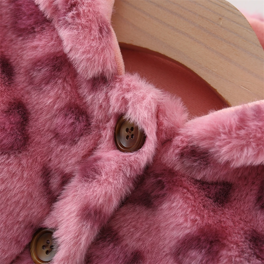 Winter Casual Girls\' Wool Sweater Baby Girl\'S Pink Leopard Print Single Breasted Hooded Wool Sweater Jacket