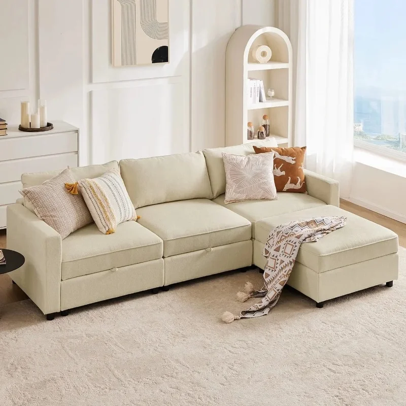 

Oversized U Shaped Convertible Sectional Sofa with Storage Ottomans, Beige