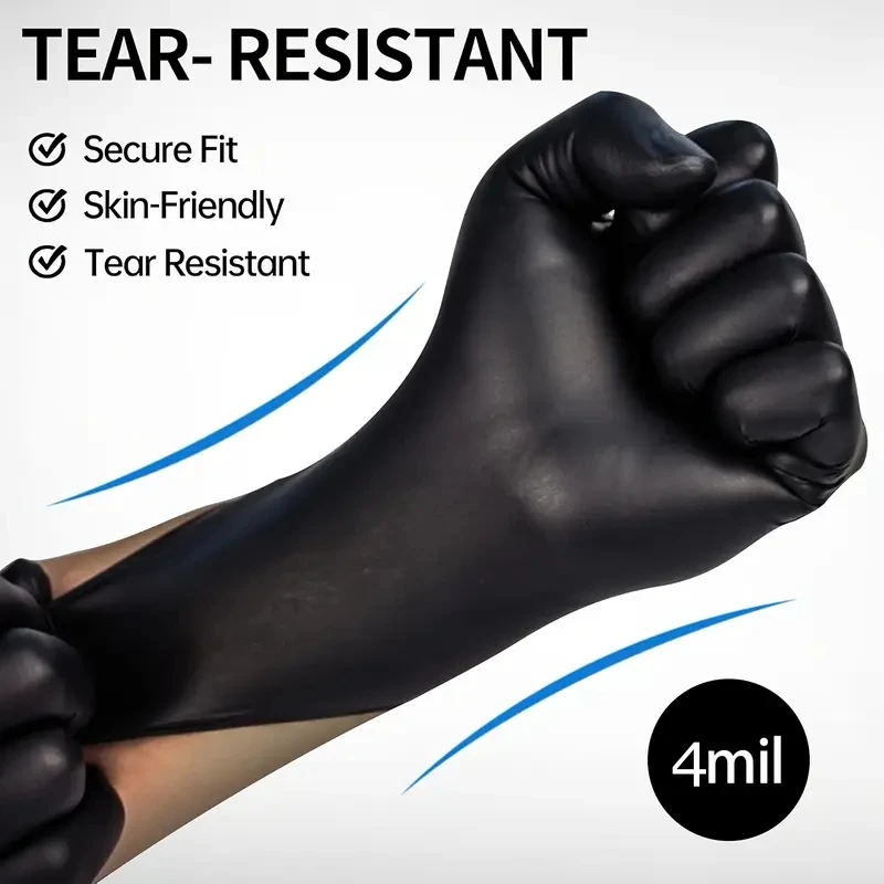 4Mil Black Nitrile Gloves Disposable Latex Free Textured Safety Work Gloves for Industrial Mechanic Automotive Gardening Tattoo