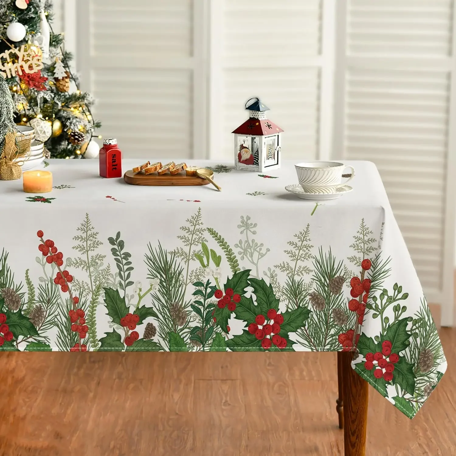 Christmas Holly Berries Pine Leaves Tablecloth for Table Decor Winter Xmas Kitchen Dining Tablecloth Christmas Decorations