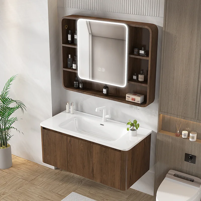 

Walnut color thickened honeycomb space aluminum arc bathroom cabinet integrated ceramic wash basin combination wash basin