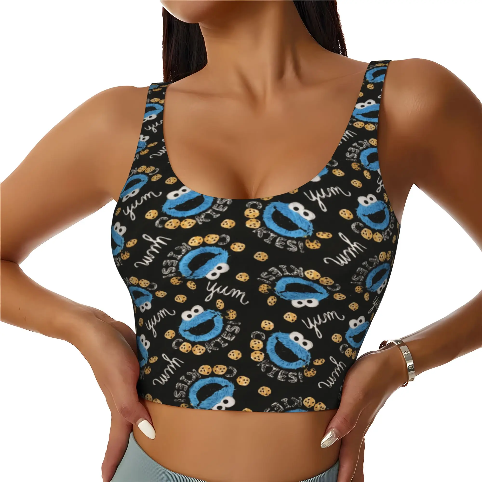 Custom Cookies Anime Monsters Sports Bra Women Elmo Cartoon High Impact Workout Yoga Crop Top