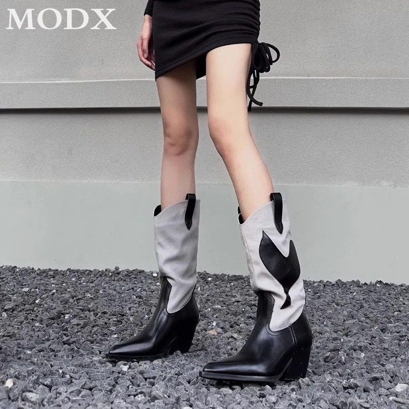 

2023 Autumn Winter New Pointed Toe Retro Mid-calf Boots Chunky Heel All-match Mixed Color Embroidery Western Cowboy Boots Female