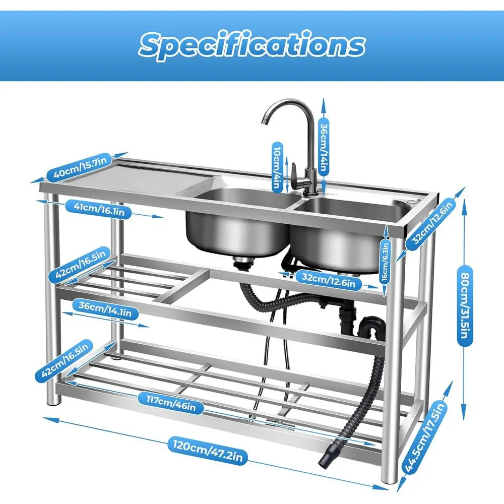 Free-Standing Stainless Steel Double Bowl Utility Sink with Hot/Cold Faucet and Storage Shelves for Commercial Use