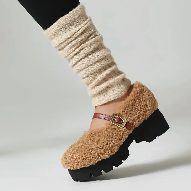 ASILETO-zapatos de tacón de bloque con punta redonda para mujer, calzado cálido de lana con hebilla de plataforma de 5cm, talla grande 42 43, Invierno