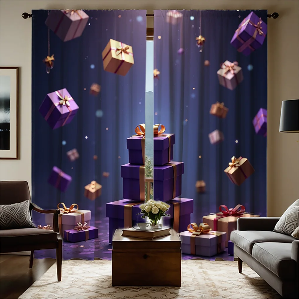 2pcs Christmas Curtains - Elegant Window Drapes with Santa Hats, Fir Branches & Red Balls - Semi-Sheer Privacy Window Treatments