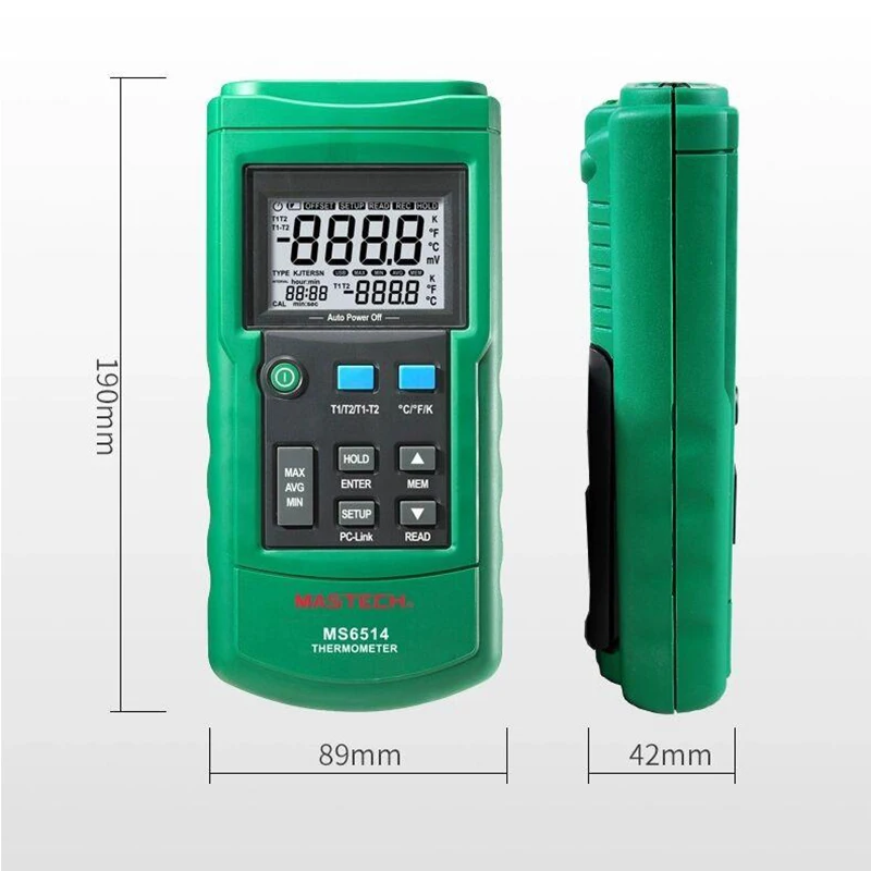MasTech MS6514 двухканальный цифровой термометр, регистратор данных, термопара, датчик температуры, тестер, USB-интерфейс, 1000 комплектов данных