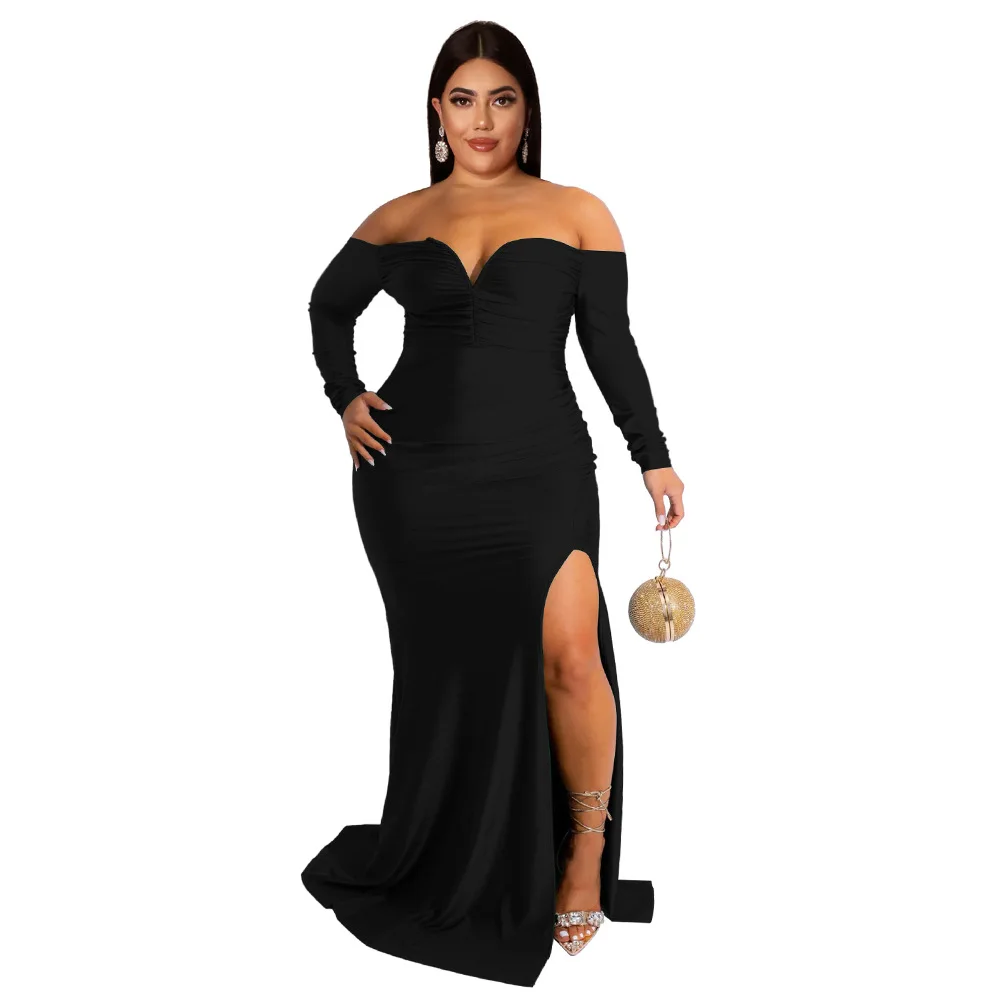 SOMO Plus Size Solid Sexy Off Shoulder Evening Dresses for Women 2022 Luxury Split Maxi Long Dress Wholesale Dropshipping