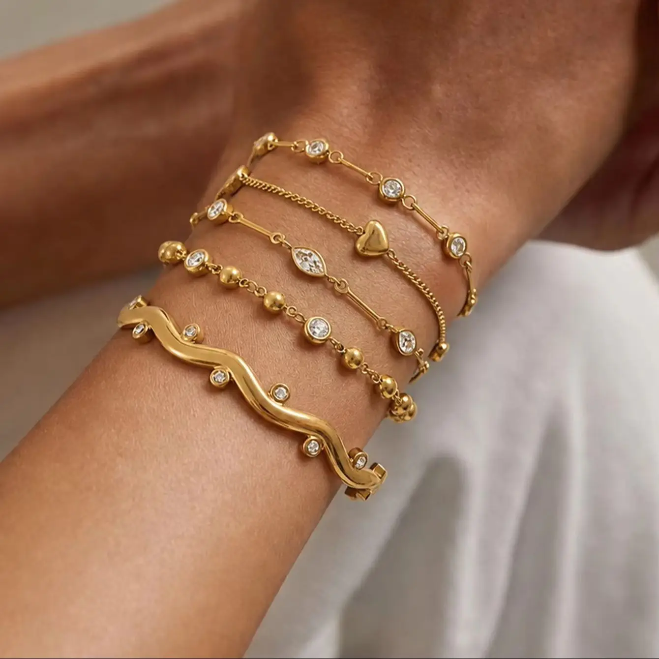 KunJoe Classic Trendy 18K Gold Plated Stainless Steel Elliptical White Zircon Irregular Open Waterproof Bracelets Women Jewelry