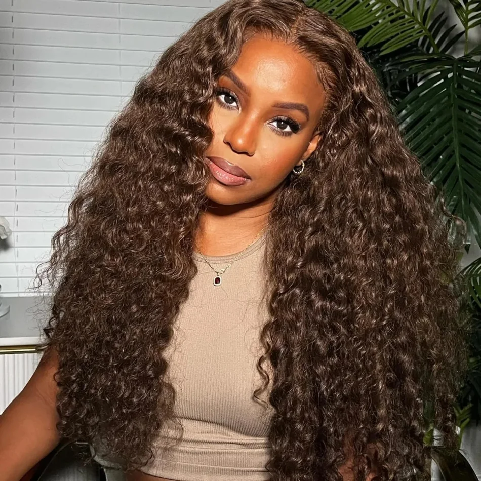 13x6 Kinky Curly Chocolate Brown Lace Front Human Hair Wigs For Women Pre Plucked Colored Deep Wave Transparent Lace Frontal Wig