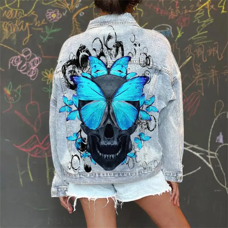 

Women's Denim Coat 2024 Spring And Autumn New Youth Butterfly Print Street Hipsters Popular Casual Plus-Size Coat