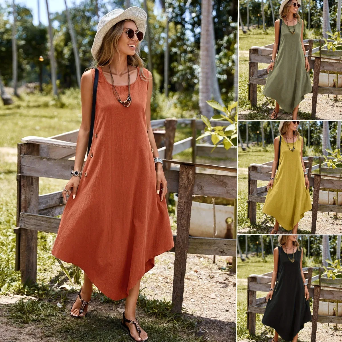 New women's fashion temperament commuting dress independent station summer dress cotton linen solid color casual