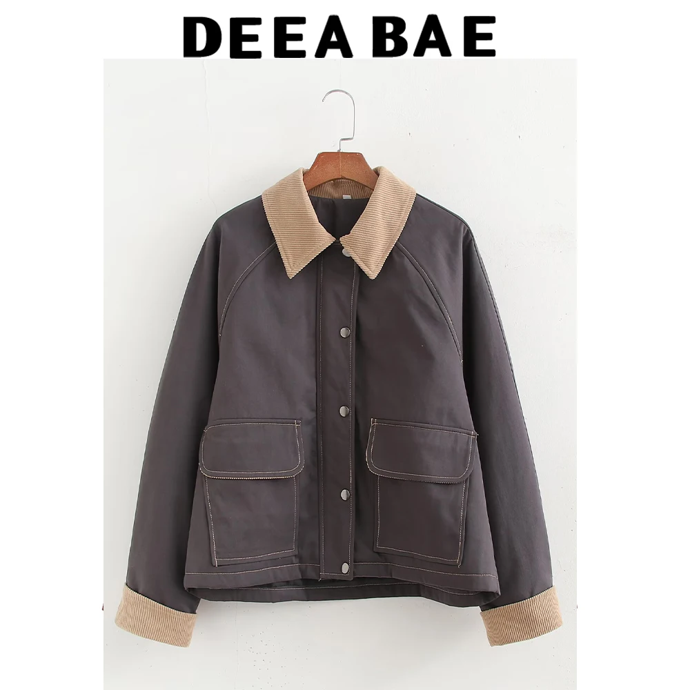 

DEEABAE 2025 Autumn New Product Women's Versatile Casual Color Contrasting Flip Collar Wax Leather Jacket Jacket