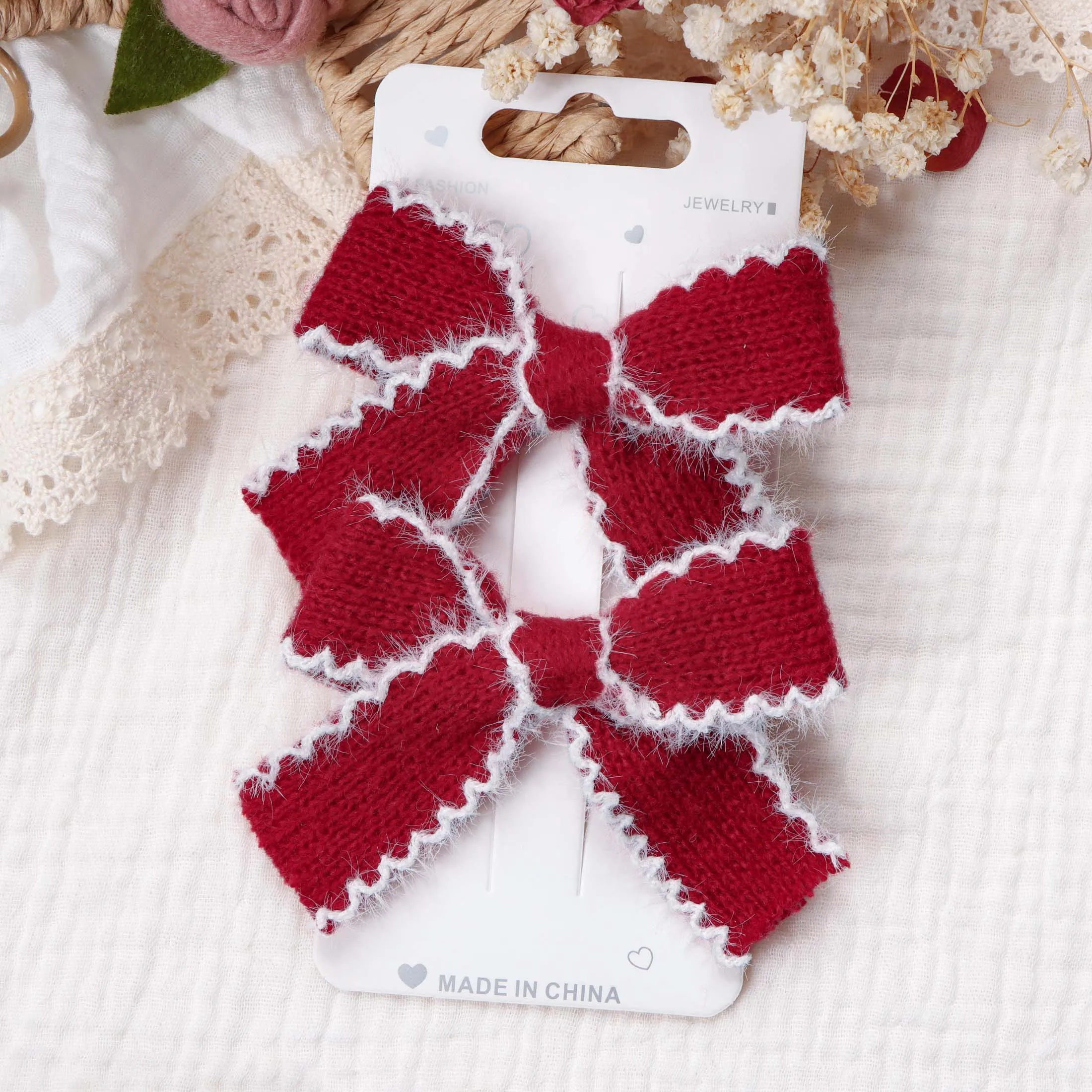 2 stücke Stricken Wolle Bogen Barrettes Gestreiften Spitze Bogen Haar Clip Für Mädchen Baby Herbst Decor Haar Zubehör Kid Party tragen Haarnadel – Detail 9