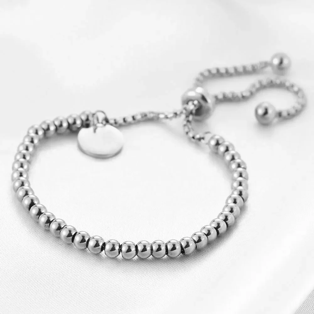 New Stainless steel simple Retro and refined fashion jewelry round hanging tag adjustable round bead bracelet For Woman