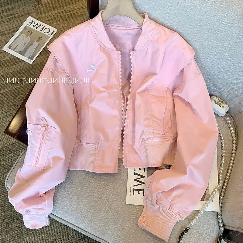 Women Y2K Pink Baseball Jacket Spring Fall Korean Sweet Cargo Coat Long Sleeve Zip Preppy Style Chic Causal Street Outwear