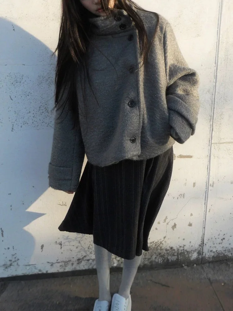 Winter Women Korean Minimalist Streetwear Grey Sherpa Fleece Asymmetric Buttoned Stand Collar Relaxed Fit Long Sleeve Jacket