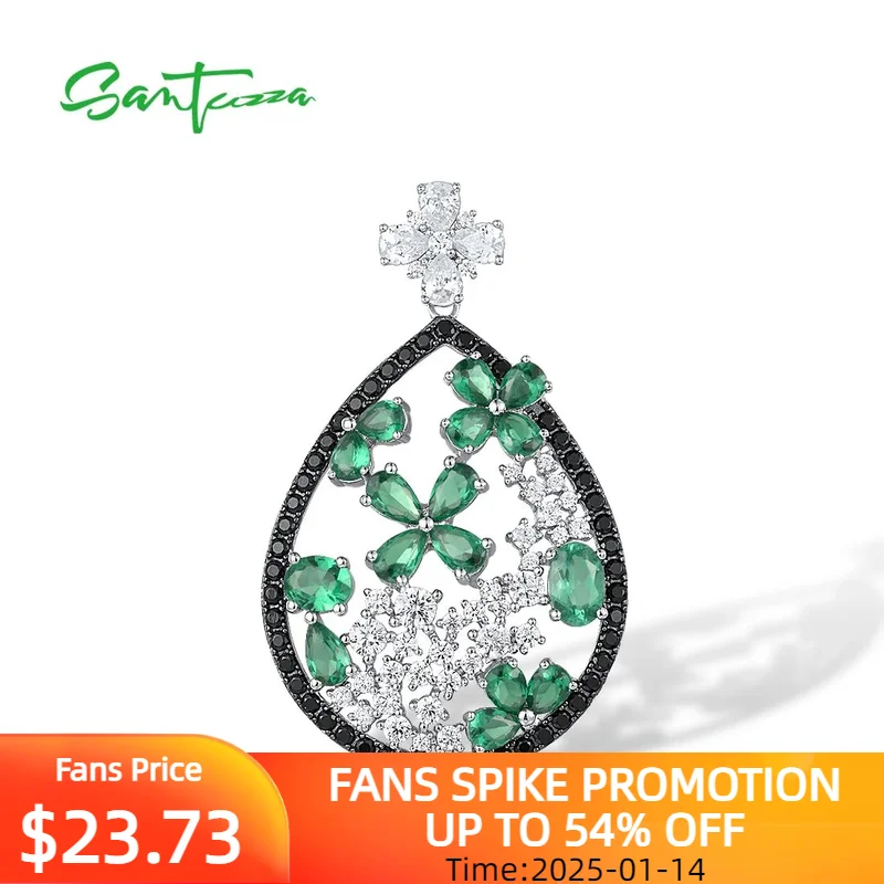 SANTUZZA 925 Sterling Silver Pendant For Women Sparkling Green Black Spinel White CZ Flower Pendant Chic Trendy Fine Jewelry