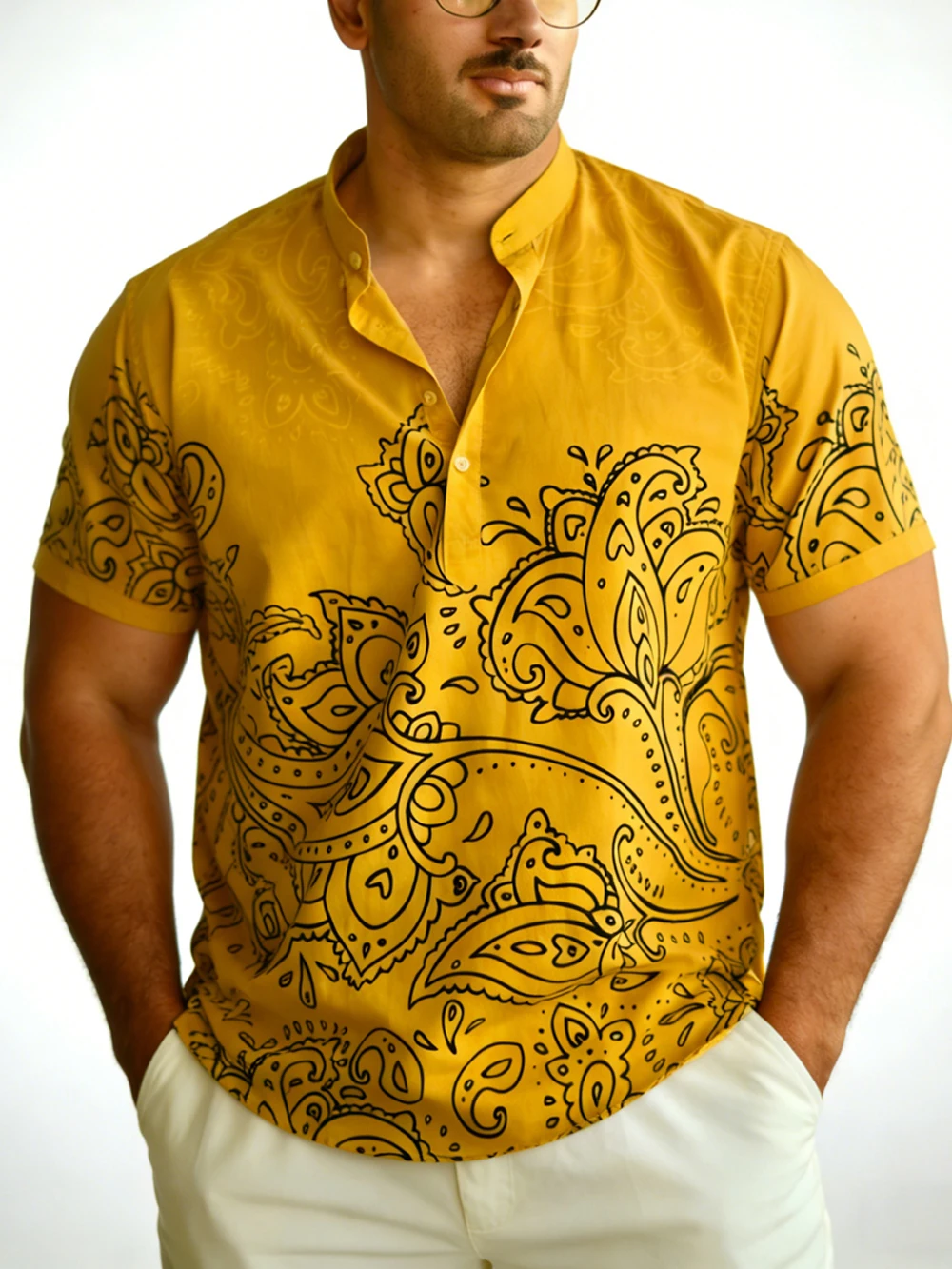 Men's new linen short-sleeved shirt natural plant high-definition printed shirt Hawaiian vacation outdoor social mens clothing​