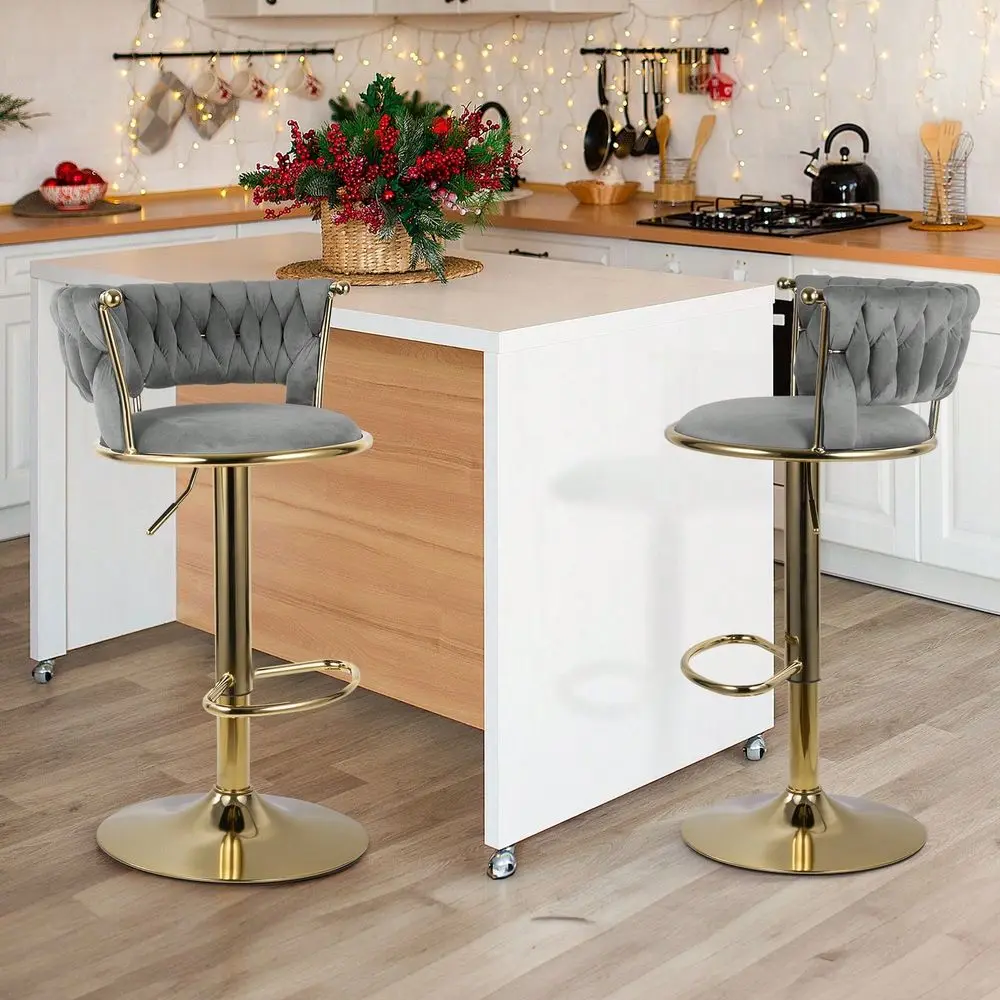 Velvet Swivel Bar Stools Set Of 2 360 Rotation Bar Chairs With Low Back Footrest, Adjustable Counter Height Barstools, Gold Fra