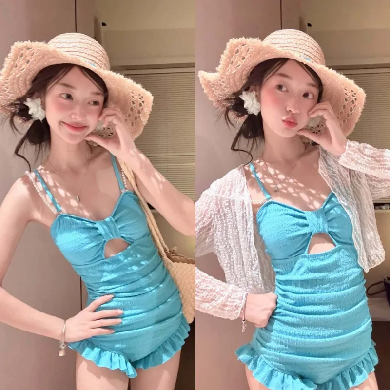 Pearl One-piece Swimsuit Female White Girl Lace Conservative Slim Slim Smock Sunscreen Two-piece Set Small Breasted Student 2025