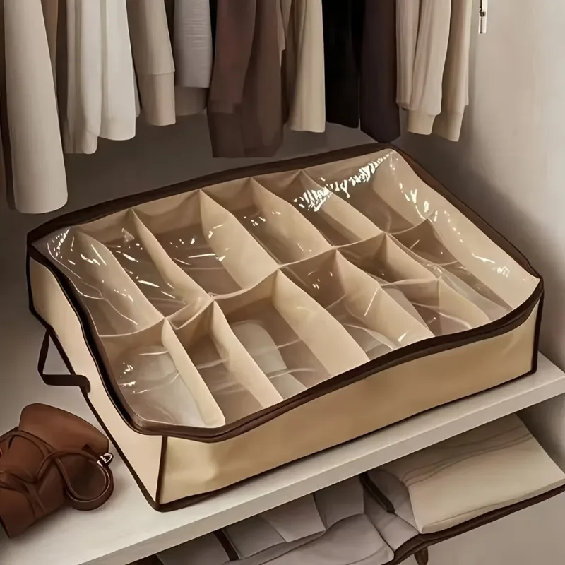 Space Saving 12 Grid Shoe Storage Box Set with Clear Lid, Under Bed Organizer for Bedroom Closet, Home Storage Container