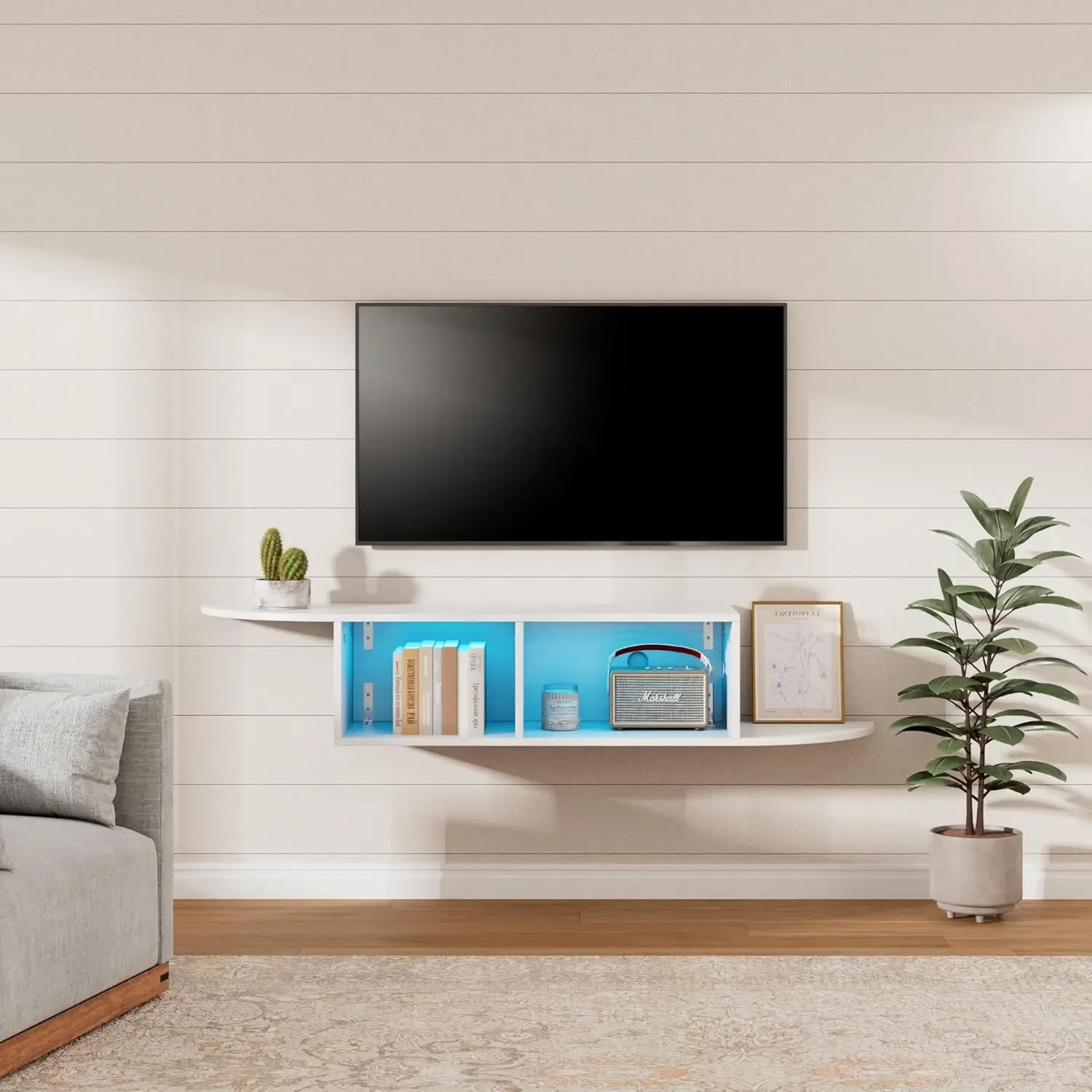 

59'' Modern TV Stand with Power Outlet, LED Entertainment Center with Open Storage Shelves for TVs up to 65 Inch,