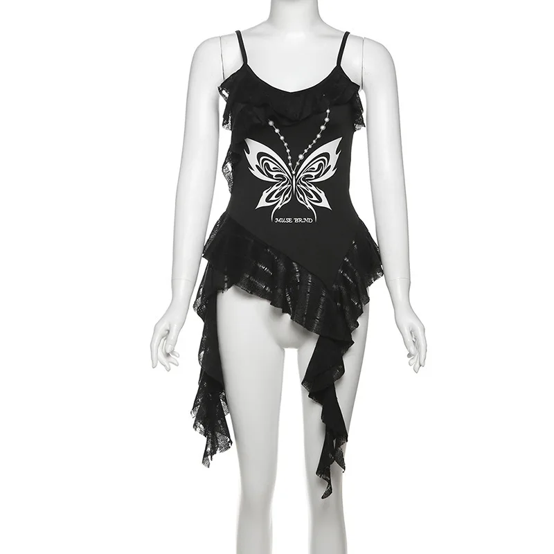 

2025 Summer Fashion Trendy Women's New Style Strap, Open Back, Lotus Leaf Edge Offset Printing, Slimming Small Tank Top