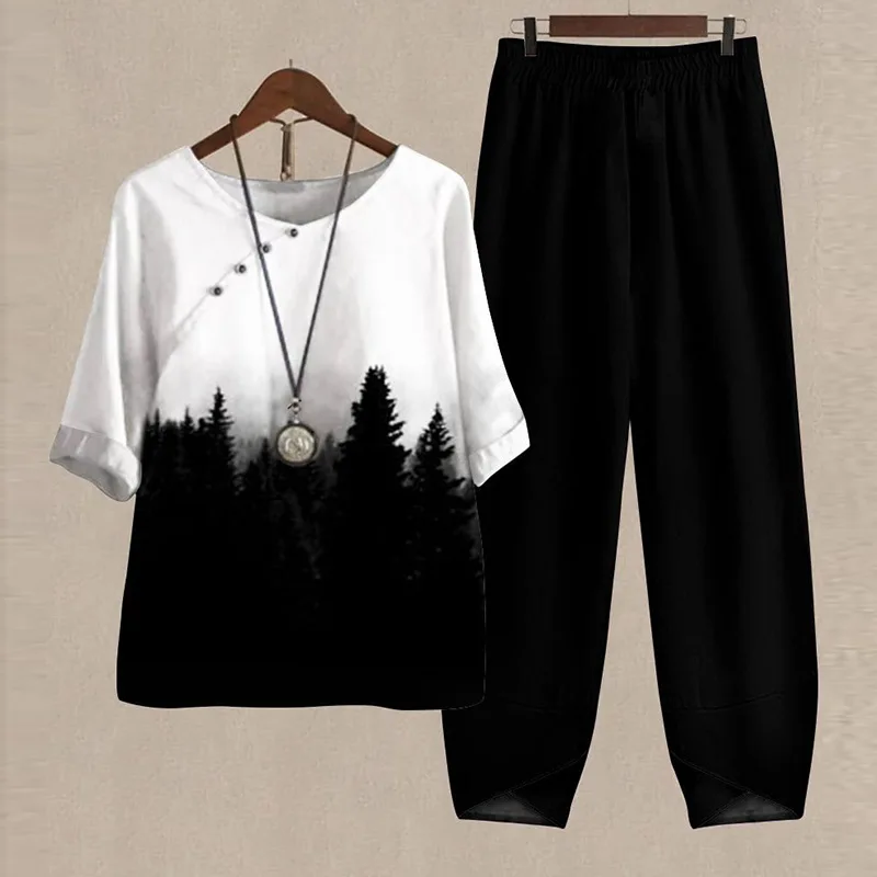 

Пуловер с круглым вырезом, рукав пять четвертей, топ с принтом, брюки, комплект из двух предметов, осень 2021, новая одежда, модная уличная одежда