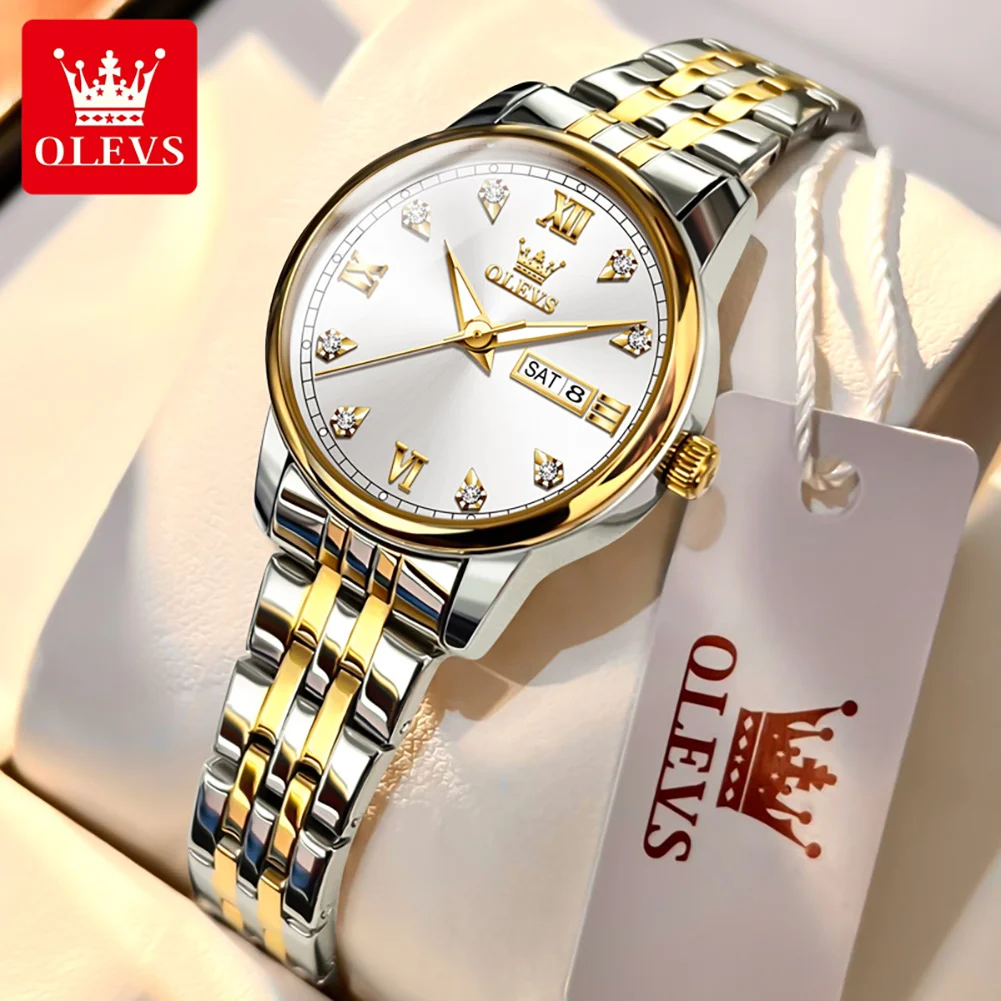 New OLEVS Women's Quartz Watch Stainless Steel Strap Auto Date Week Clock Luxury Diamond Dial Waterproof Classic Watch for Women