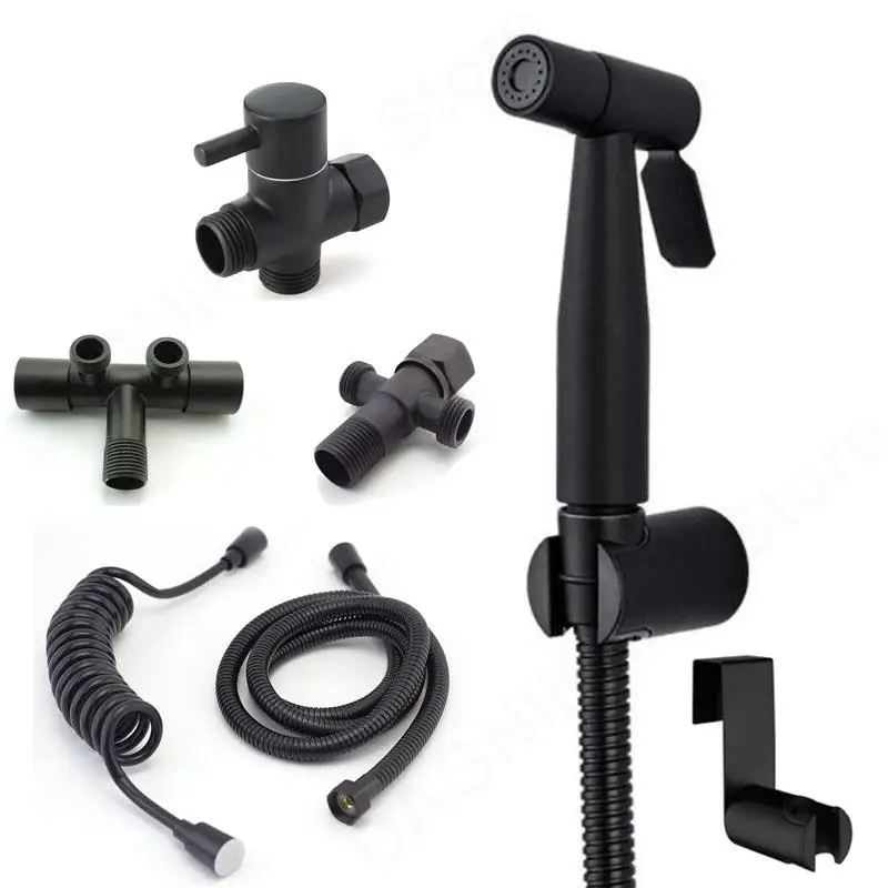 

protable Hand Toilet bidet Sprayer Gun shower head Black Faucet Stainless Steel wc Bathroom water hose holder Self Cleaning V27