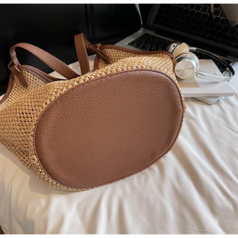 Women Straw Tote Bag Large Capacity Summer Beach Vacation Woven Handbag Casual Shoulder Bag