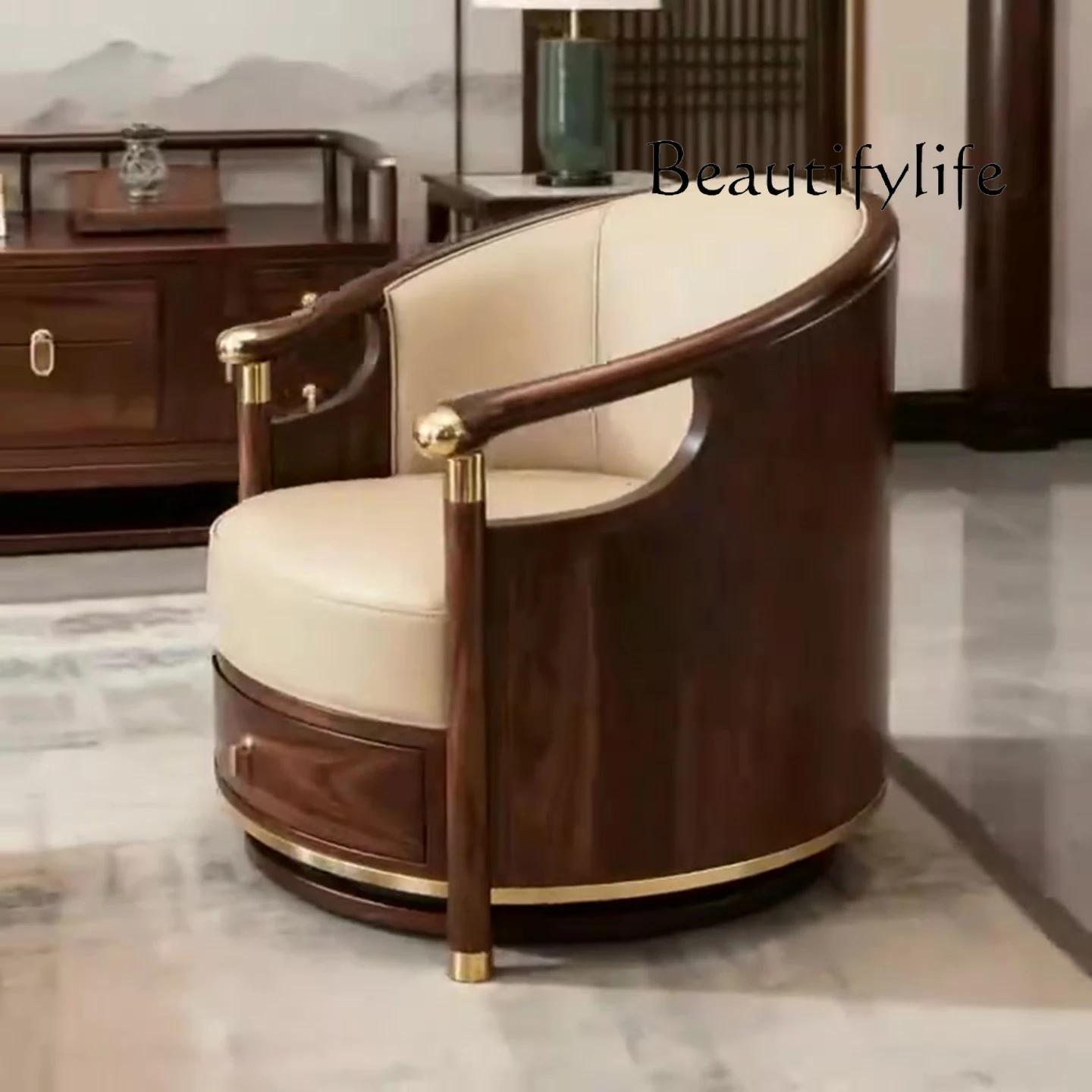 Solid wood North American black walnut single leisure chair villa living room high sense office new Chinese furniture