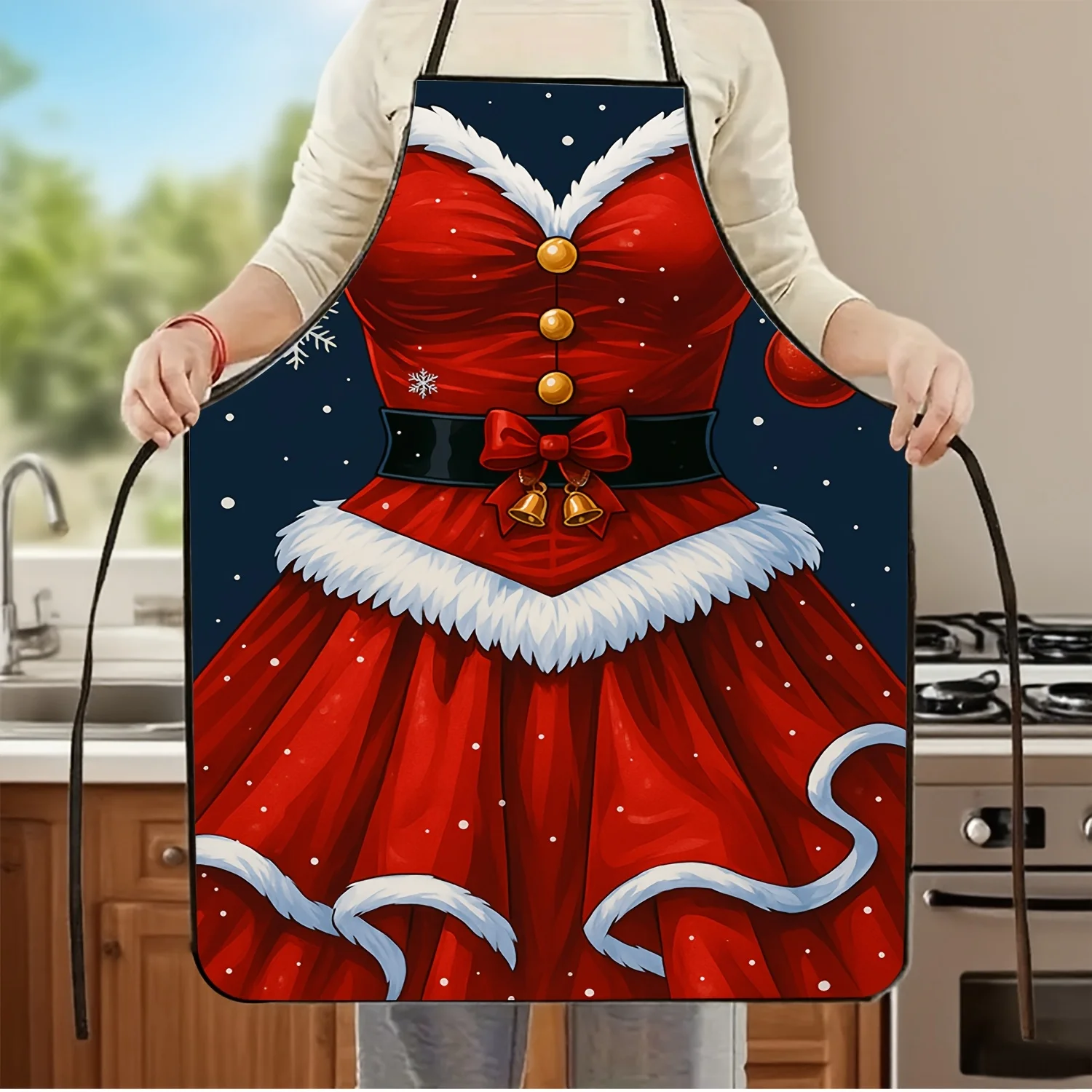 1 Elegant Christmas-Themed Chef Apron For Women - Red And White Holiday Design With Snowflakes, Golden Buttons, And Ruffled Coll