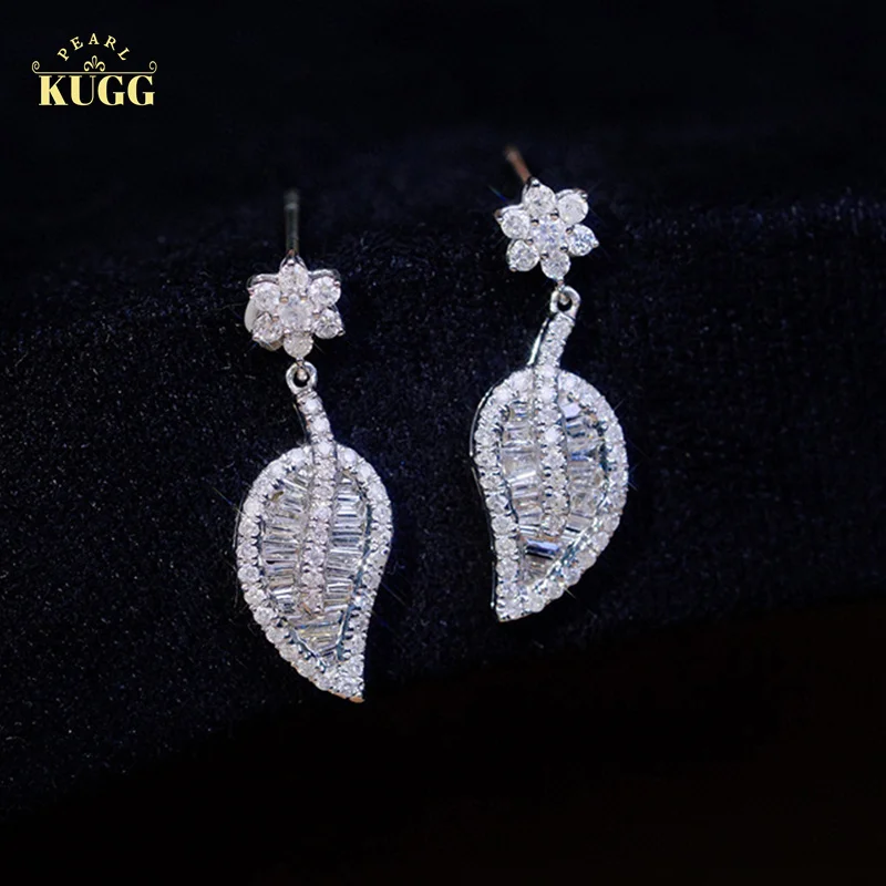 

KUGG 18K White Gold Earrings 1.0carat Real Natural Diamond Stud Earrings for Women Wedding Luxury Leaf Design High Jewelry