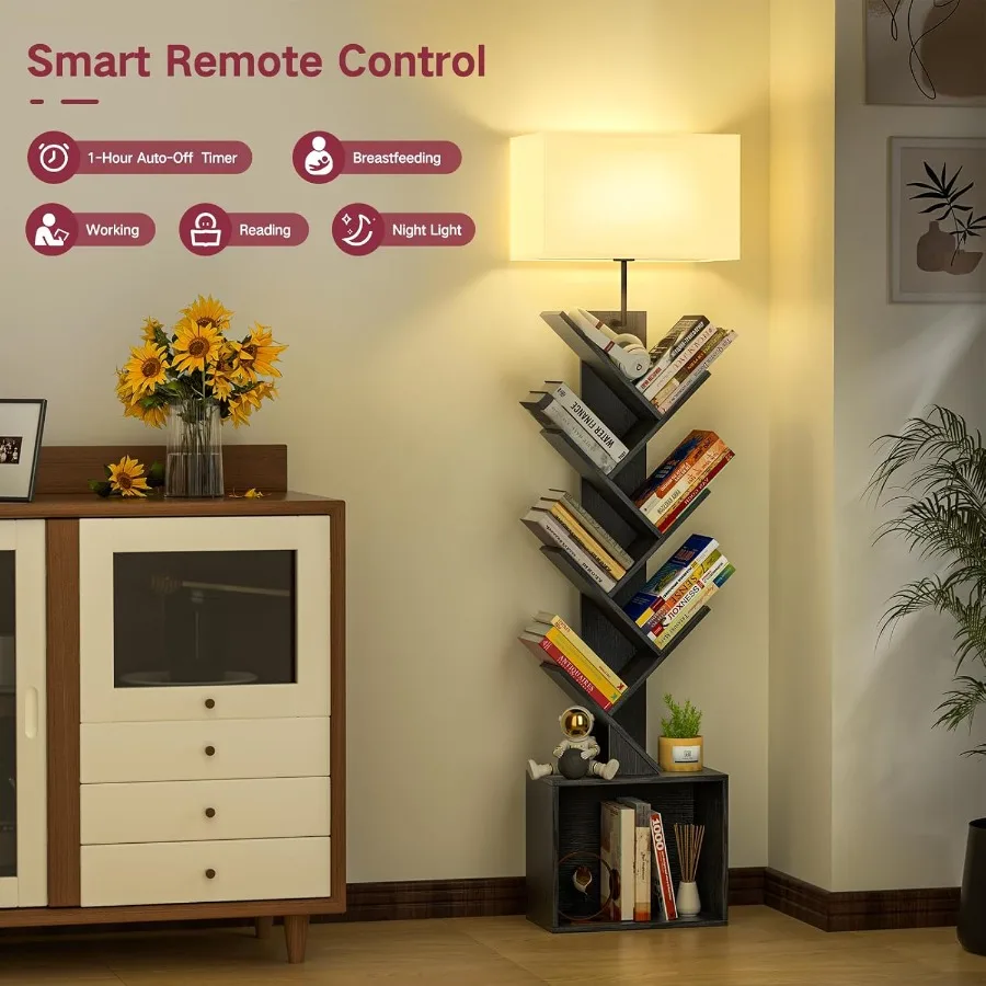 Libreria ad albero a 9 livelli con luce integrata, funzione timer telecomando e armadio portaoggetti nascosto, pavimento alto moderno dimmerabile