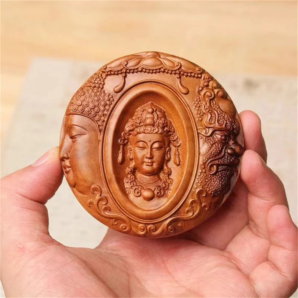 Lightning struck jujube wood, circular, double-sided carving, Guanyin card pendant, Safe and Sound card, Taoist handicraft