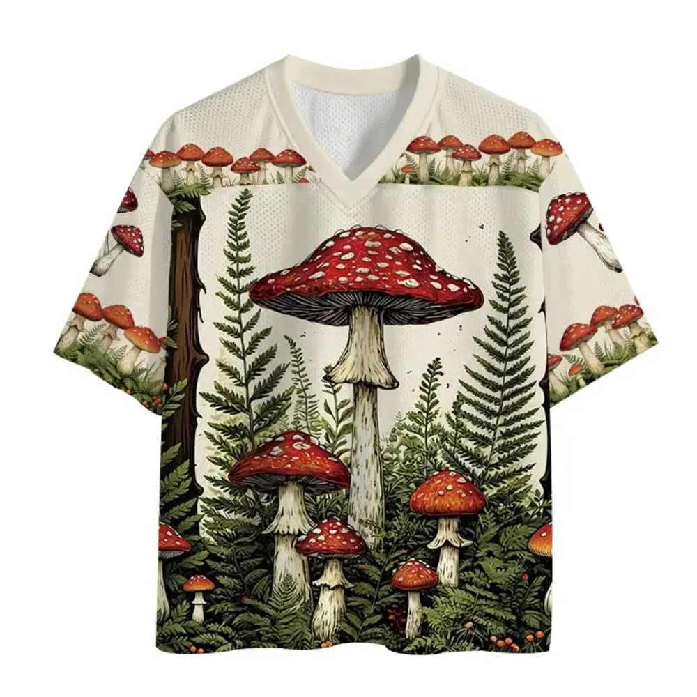 Retro Forest Mushrooms 3DPrint Quick-dry Breathable Sports Men Women Vneck Loose Tshirt Fashionable Street Y2K Parental Clothing