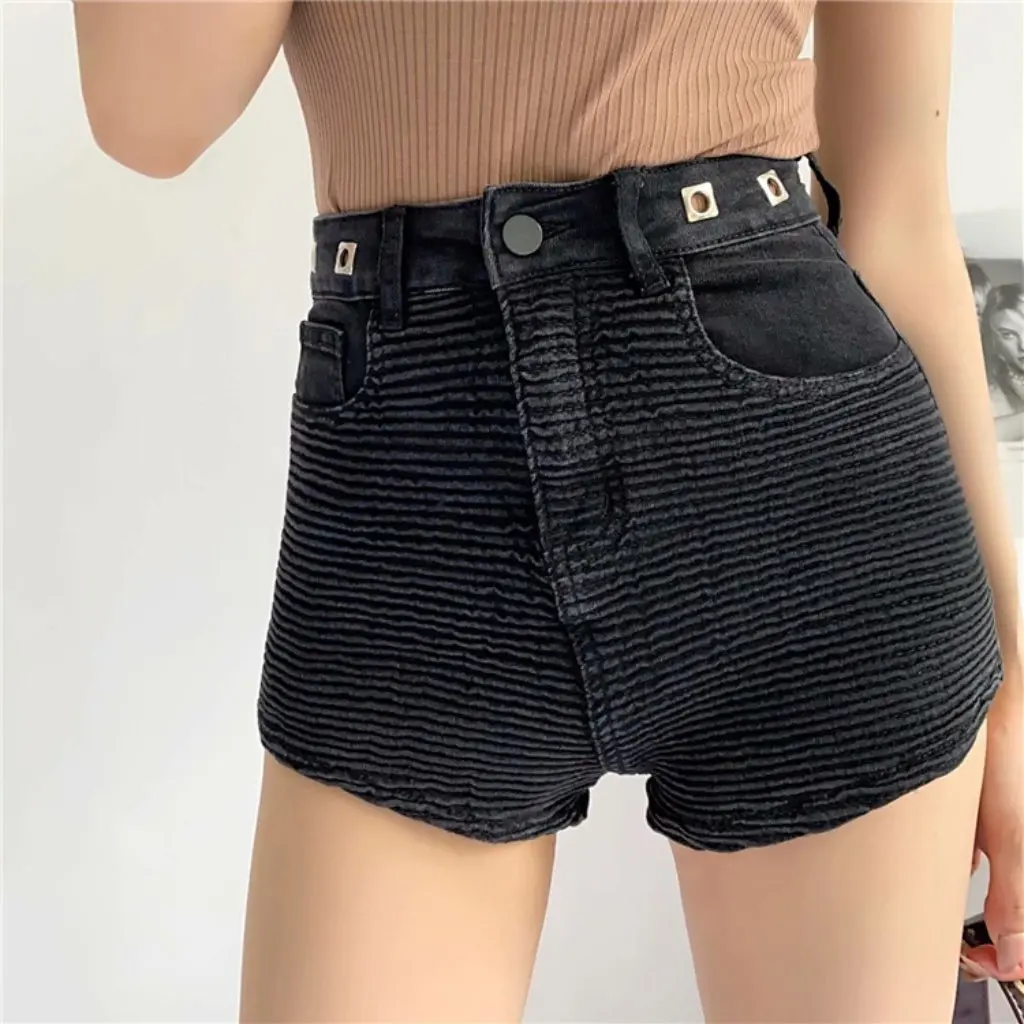 

YPFF женские джинсовые шорты летние плиссированные спереди облегающие эластичные шорты с высокой талией и широкими штанинами характерный дизайн