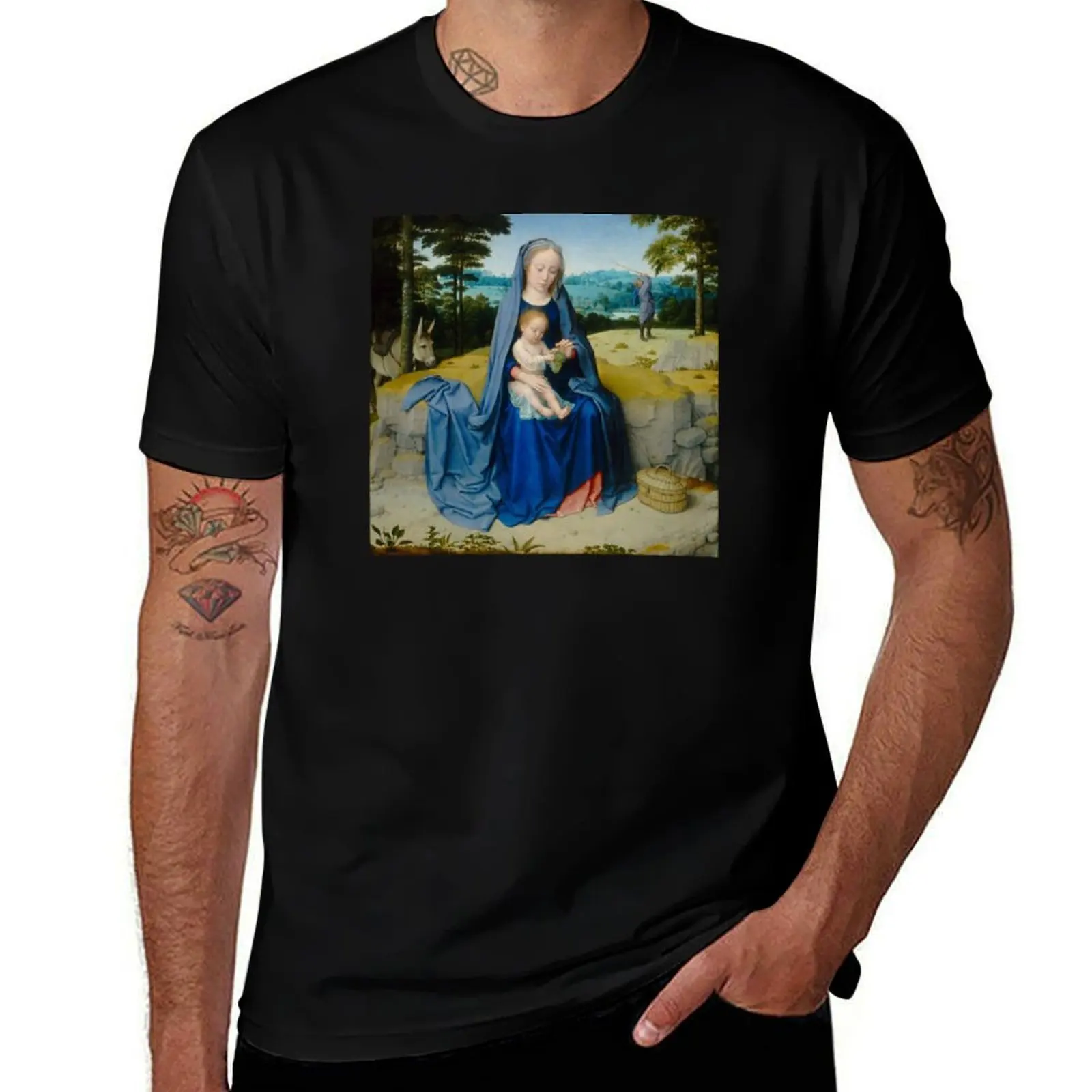 

Rest on The Flight into Egypt (by Gerard David, c. 1510) T-Shirt cotton graphic tees cheap stuff mens designer t shirt