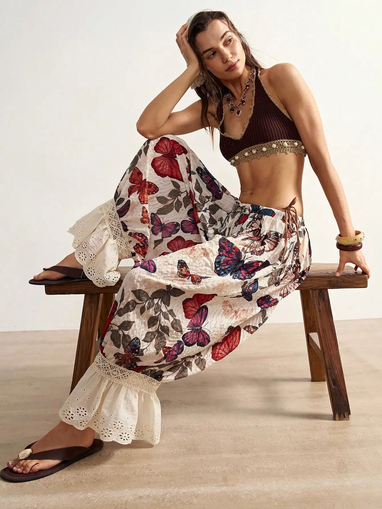 Women's Casual Boho Printed Loose Woven Pants Beach Beige Autumn