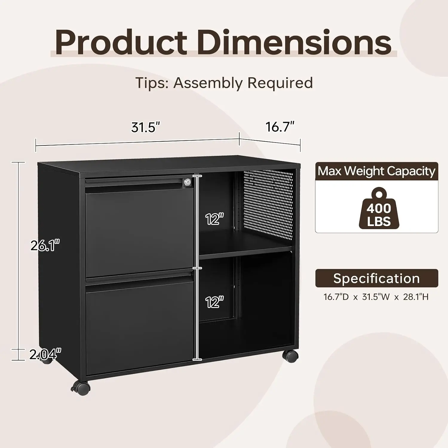 2-Drawer Metal Filing Cabinet with Lock & Wheels, Under Desk Rolling File Storage for A4/Letter Size, Black, Customized