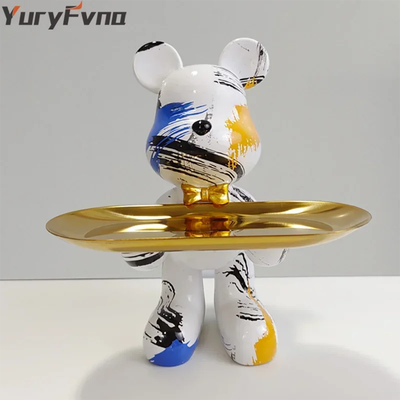 YuryFvna Graffiti Bear Ornament Figurine Home Decoration Animal Statue Keys Storage Shelf Modern Room Sculpture Table Decor Gift