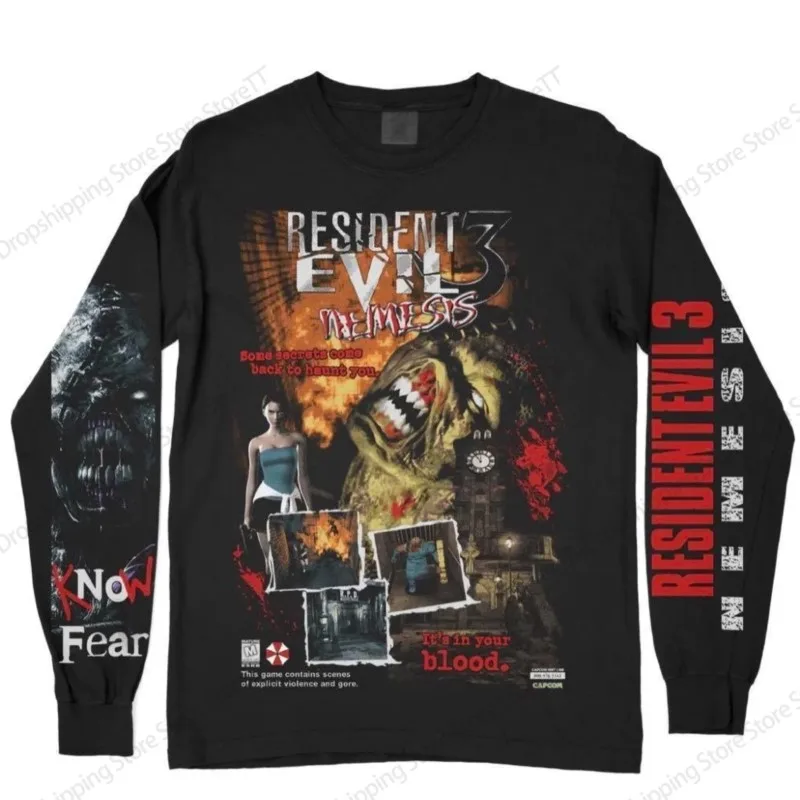 Hommes Resident Evil T-shirt à manches longues Vintage jeu impression 3D T-shirt hommes femmes mode col rond hauts de sport t-shirts vêtements pour hommes nouveau