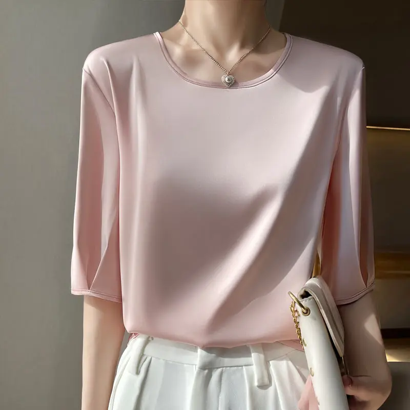 Summer Satin Blouse Womens Summer Clothing Silky Loose Shirt Ladies Half Sleeve Top Casual Solid Tshirt One Neck Pullover Blouse