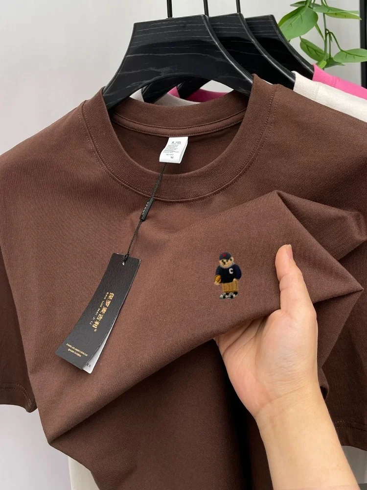 High Quality 100% Cotton Short Sleeve T-Shirt Men's New Luxury Brand cartoon Bear embroidery Comfort Round Neck Summer Casual To